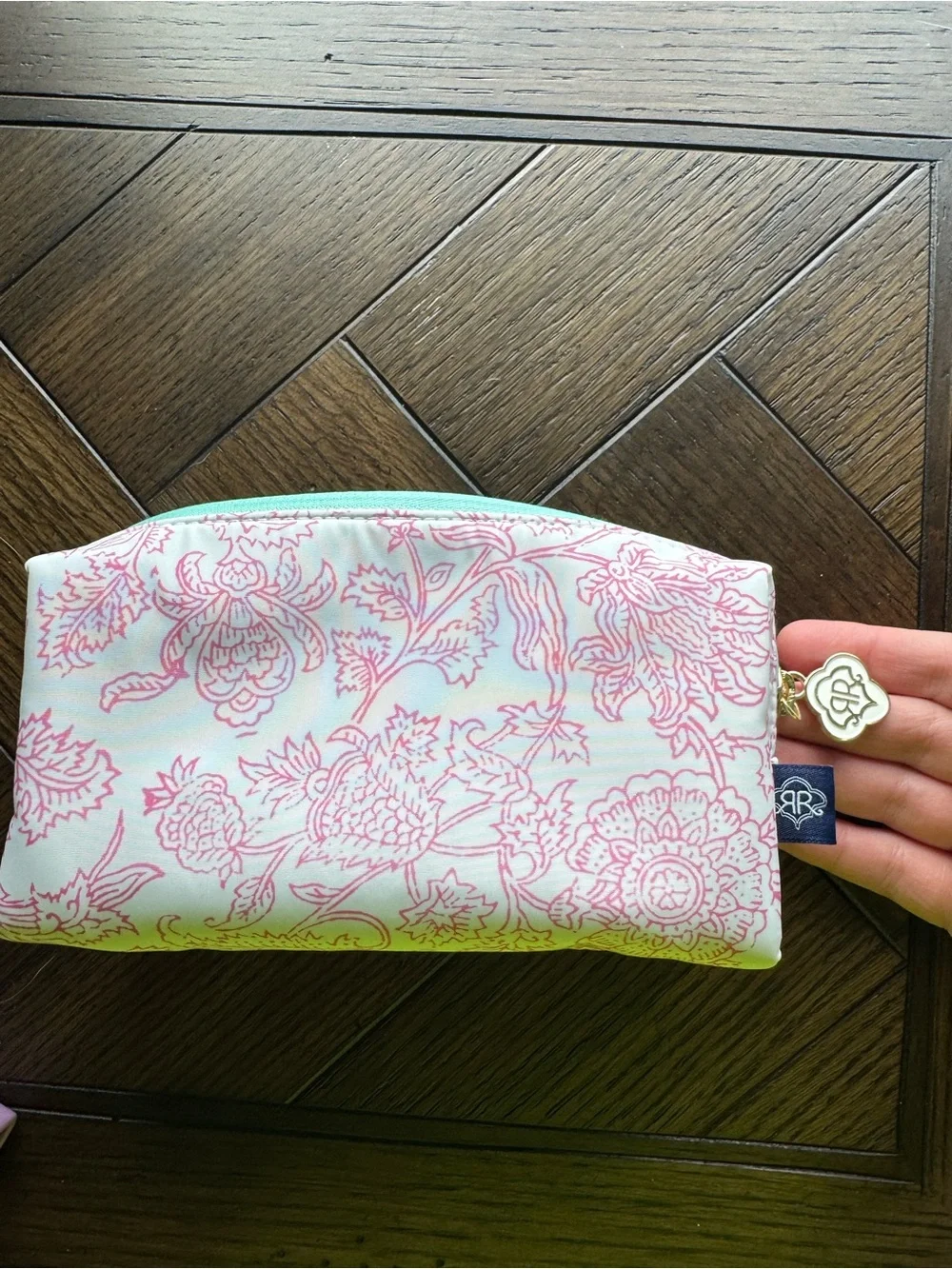 ROLLER RABBIT Pink Floral Cosmetic Pouch with Mint Zipper